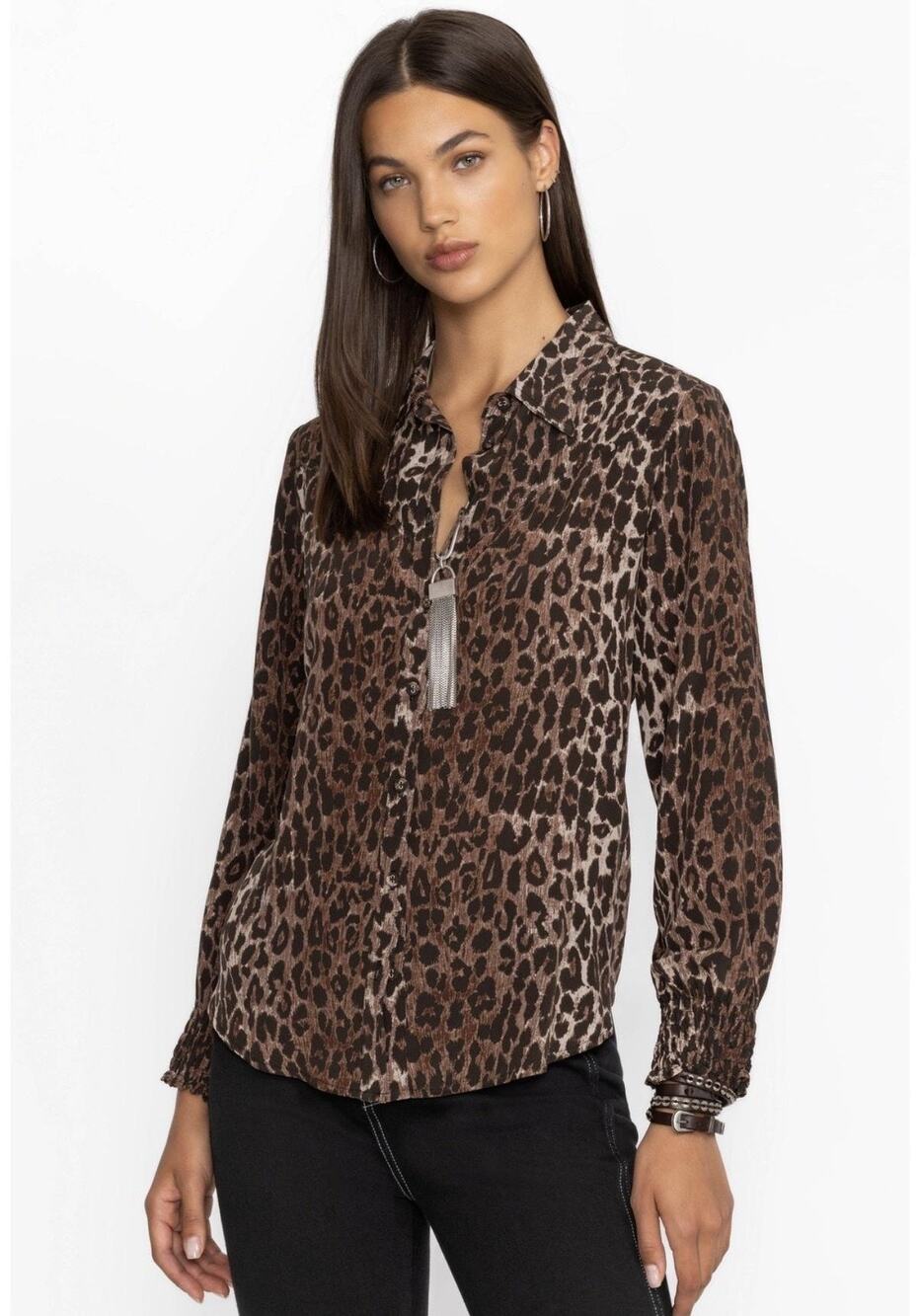 Johnny Was Shirt Womens Large Brown Leopard Button Front Silk Smocked Cuff Top